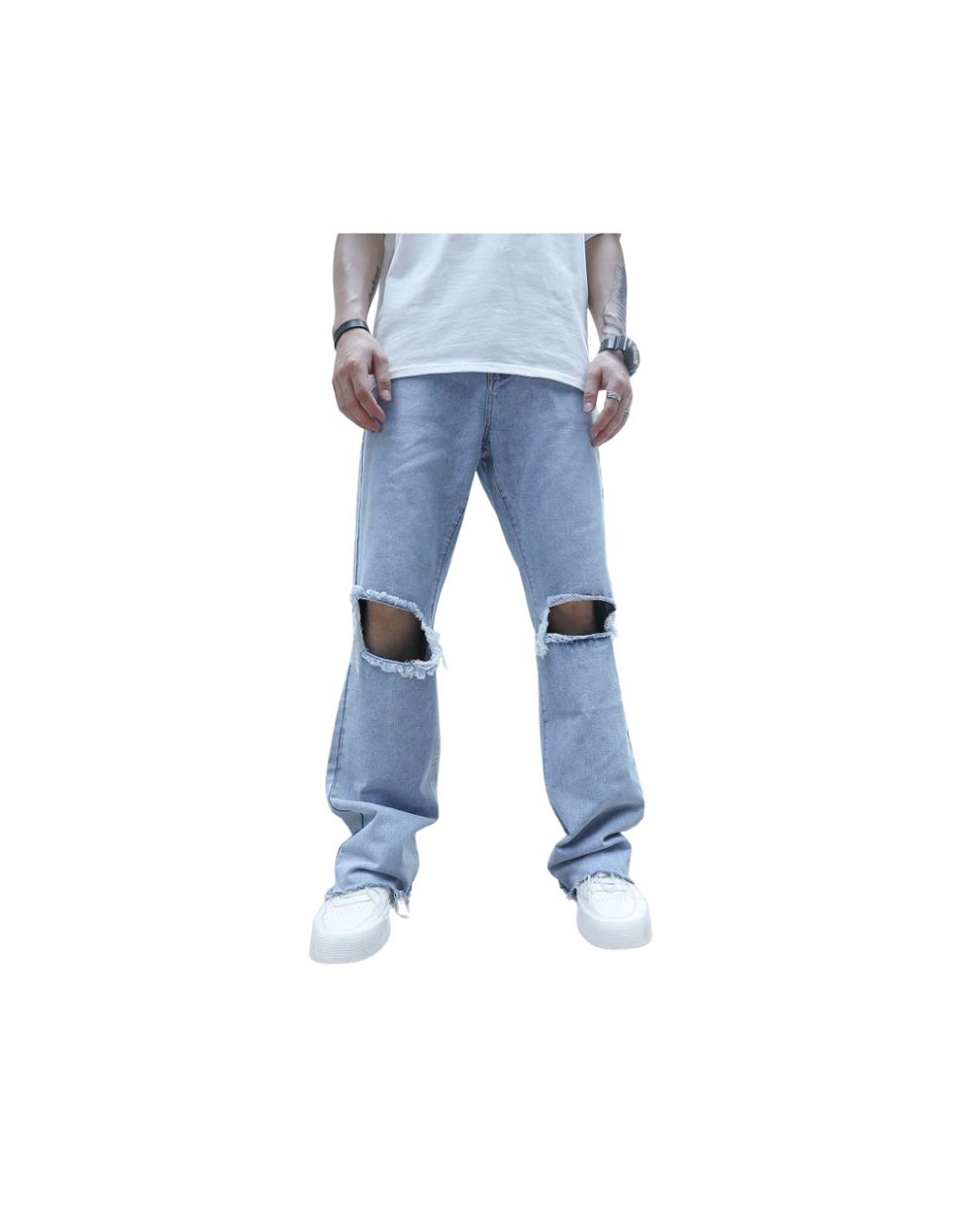 H_&M Manfinity EMRG Men Cut Out Raw Trim Loose Fit Jeans