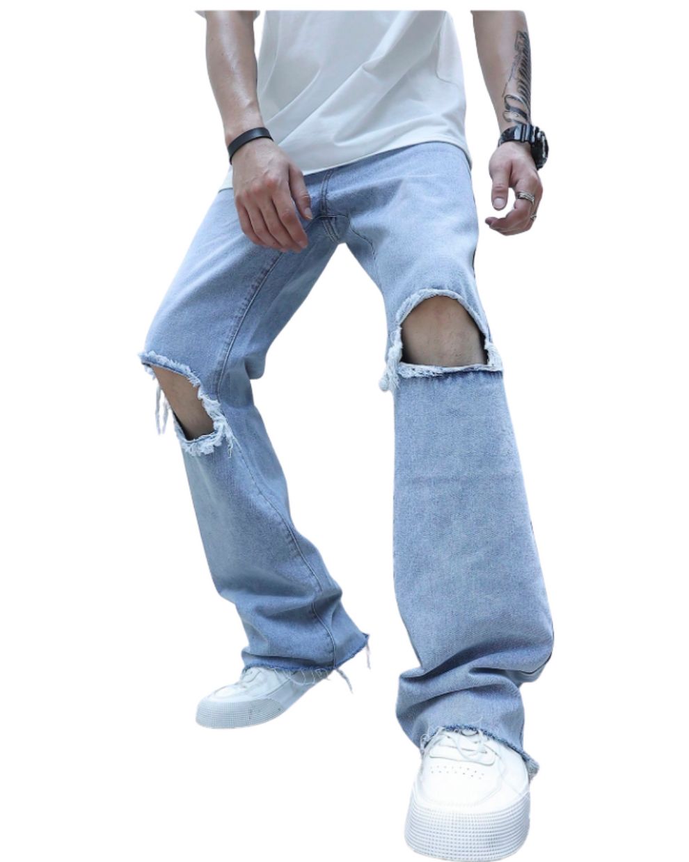 H_&M Manfinity EMRG Men Cut Out Raw Trim Loose Fit Jeans