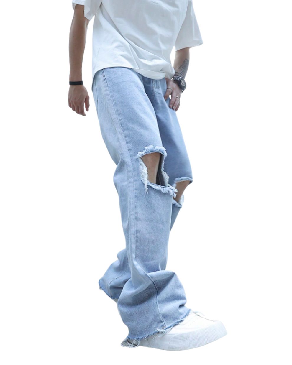 H_&M Manfinity EMRG Men Cut Out Raw Trim Loose Fit Jeans