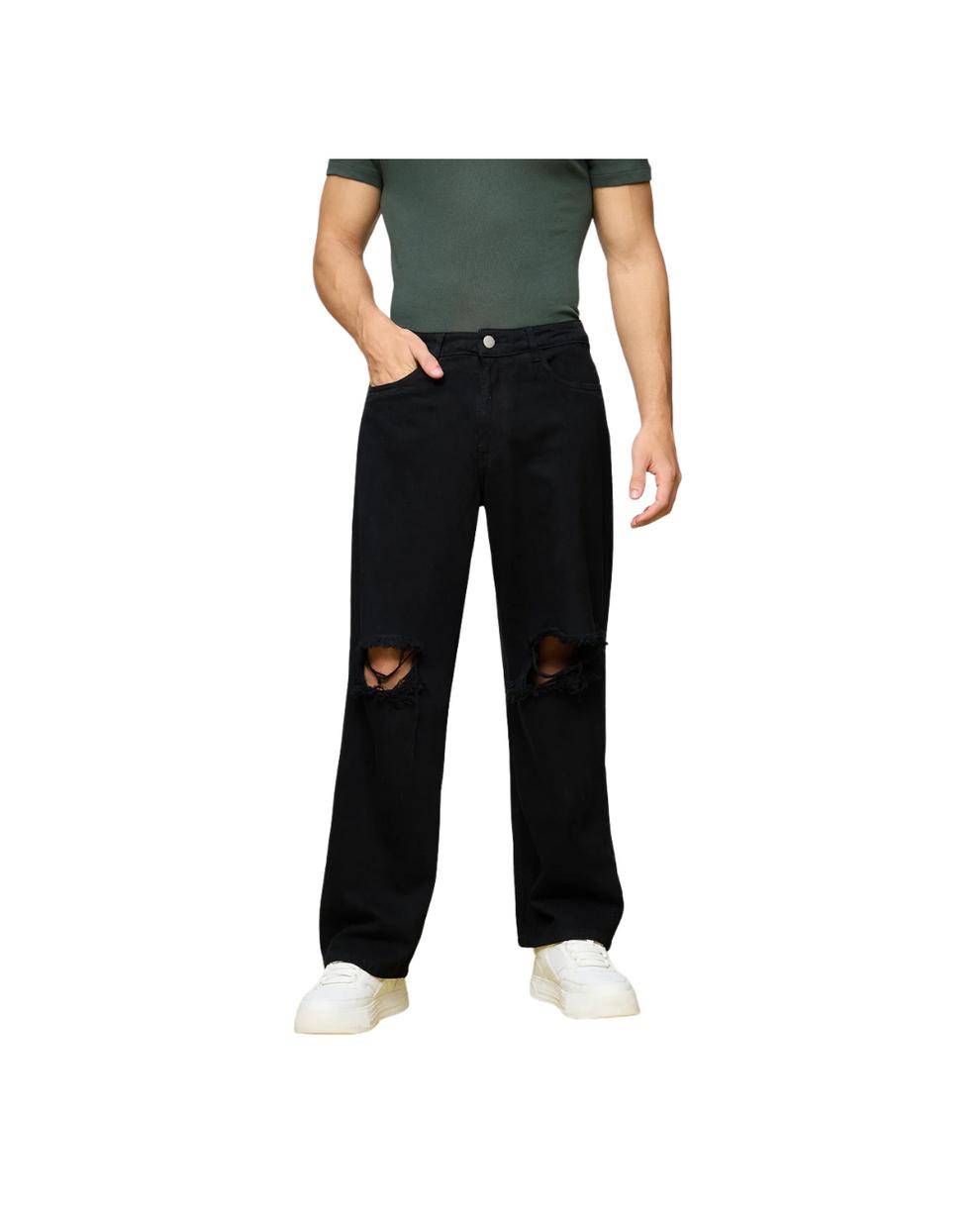 H_&M Black Ripped Men's Wide-Leg Jeans