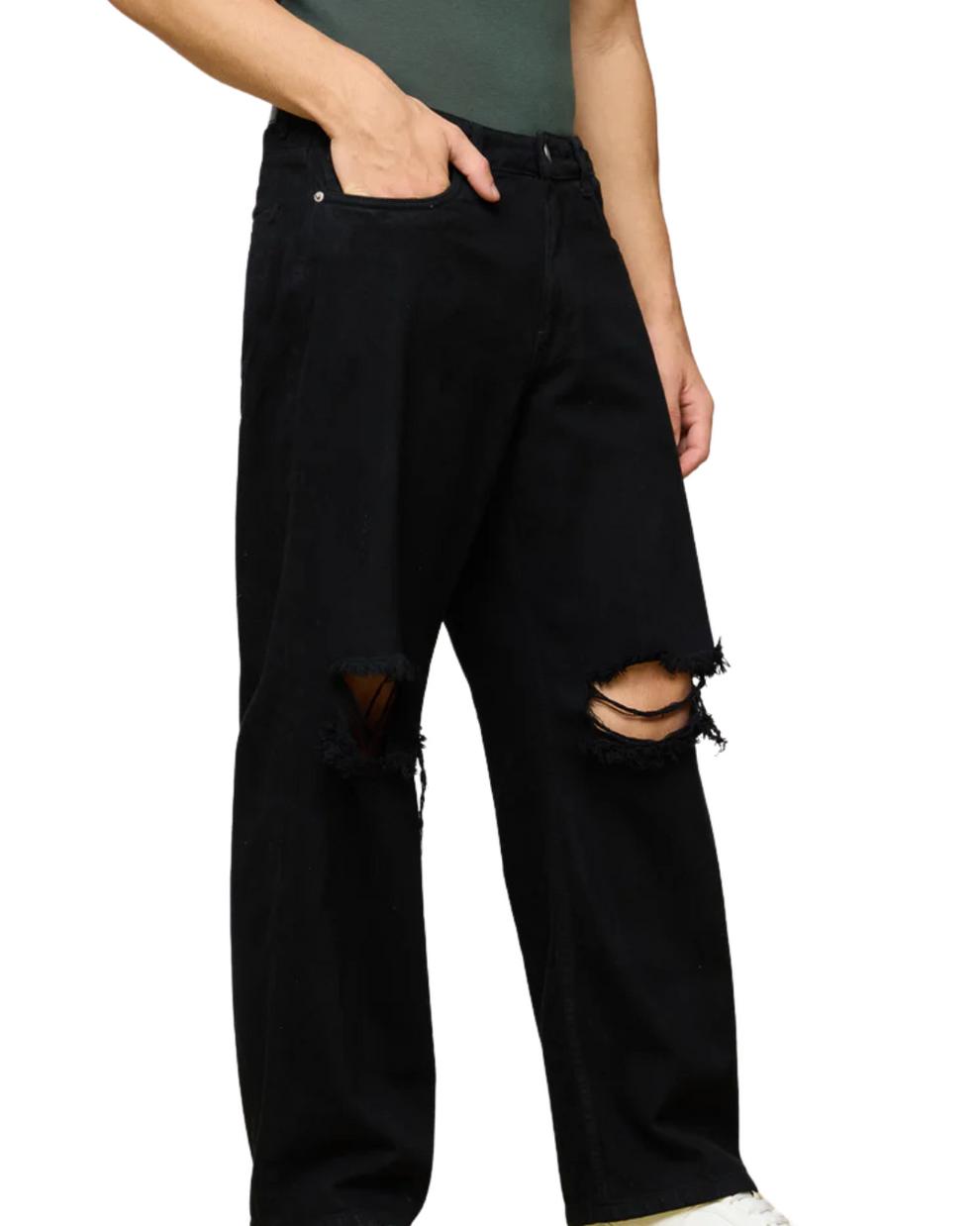 H_&M Black Ripped Men's Wide-Leg Jeans