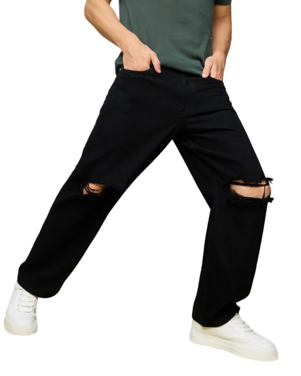 H_&M Black Ripped Men's Wide-Leg Jeans