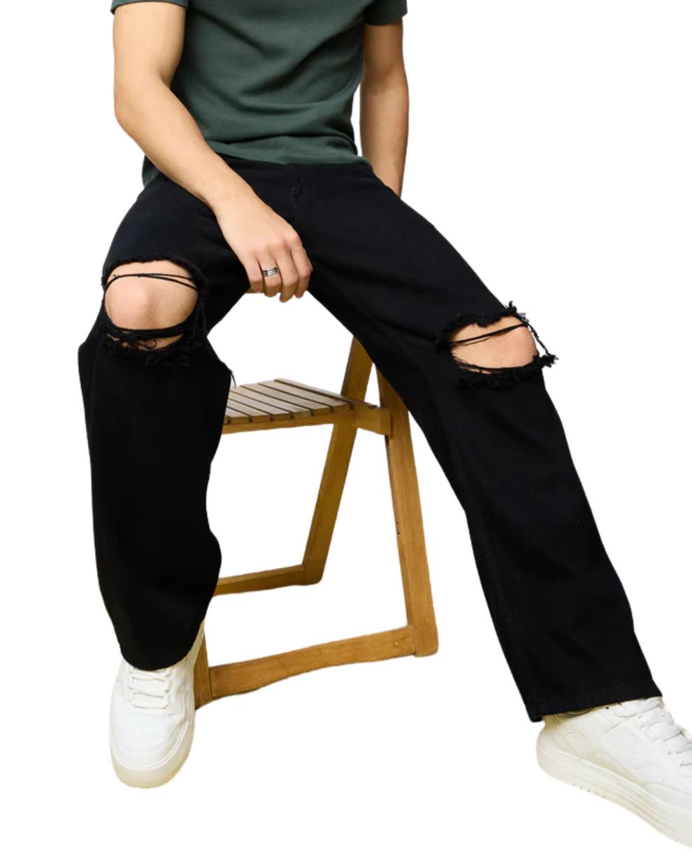 H_&M Black Ripped Men's Wide-Leg Jeans