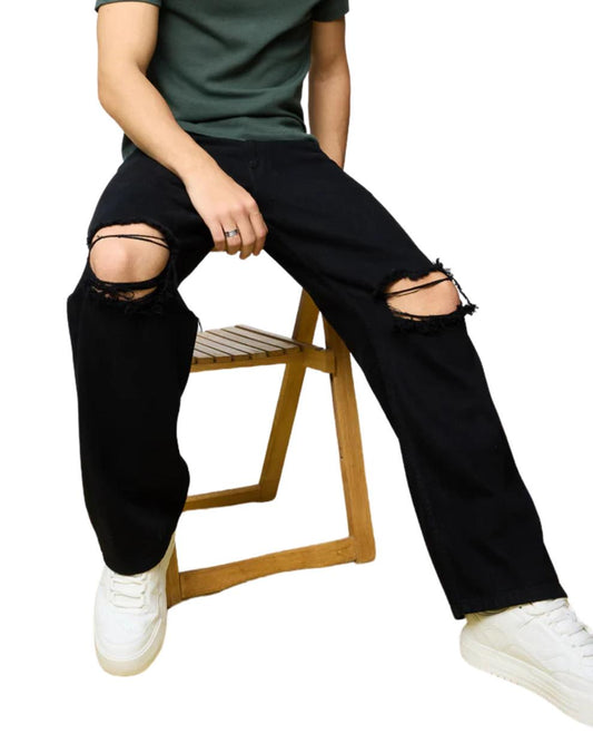 H_&M Black Ripped Men's Wide-Leg Jeans